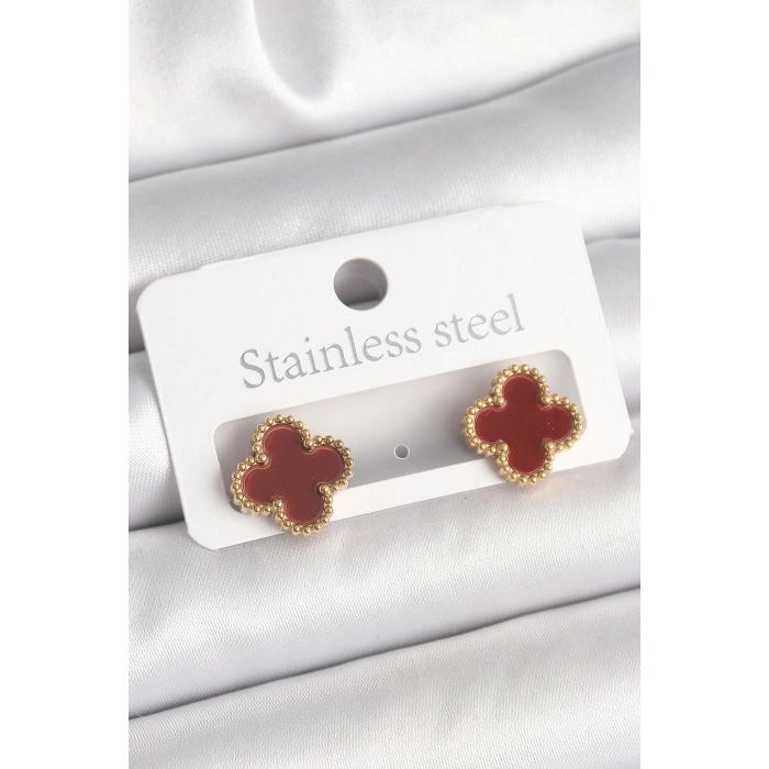 Pirinç Gold Renk Bordo Yonca Model Kadın Küpe