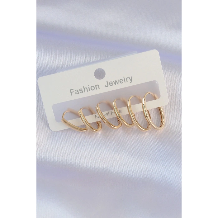 Pirinç Gold Renk İnce Oval Küpe Seti