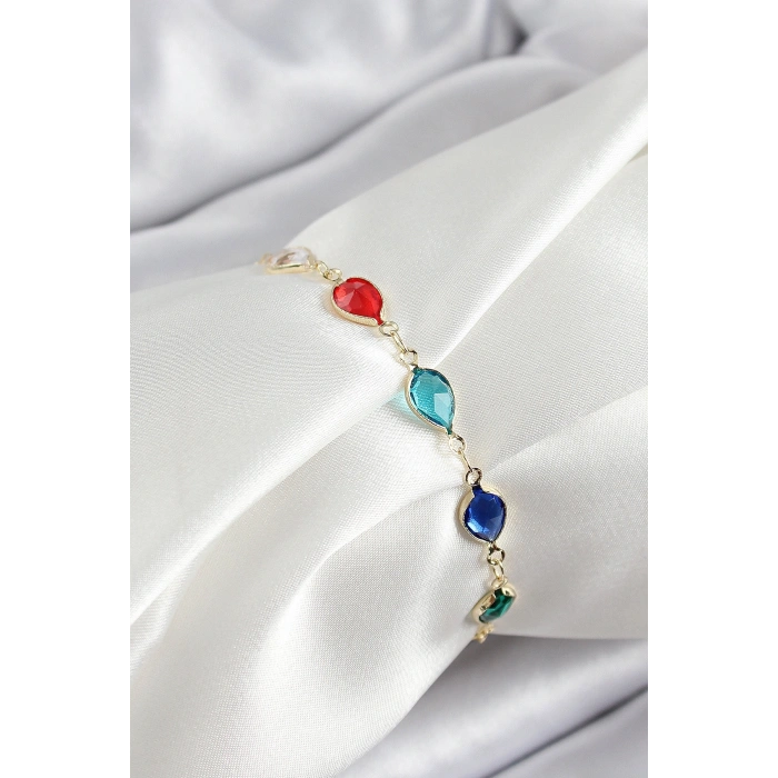 Pirinç Gold Renk Karışık Renk Damla Zirkon Taşlı Kadın Bileklik