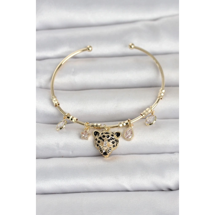 Pirinç Gold Renk Leopar Detaylı Charmlı Kadın Bileklik