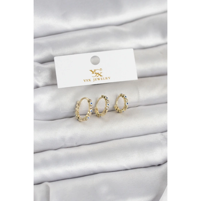 Pirinç Gold Renk Nazarlı Model 3lü Kadın Küpe