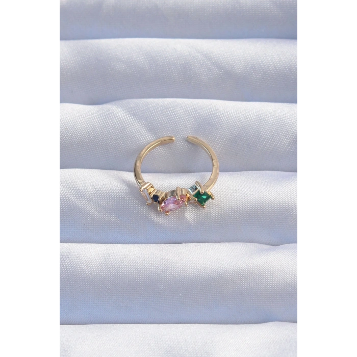 Pirinç Gold Renk Renkli Zirkon Taşlı Ayarlanabilir Yüzük