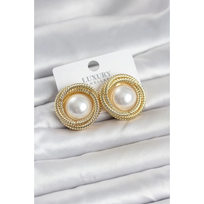 Pirinç Gold Renk Sarmal Model İncili Kadın Küpe