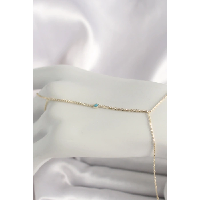 Pirinç Gold Renk Su Yolu Zirkon Taşlı Mavi Taş Detaylı Kadın Şahmeran