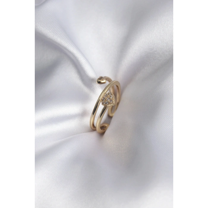 Pirinç Gold Renk Zirkon Taş Detay Kalp Model Kadın Yüzük