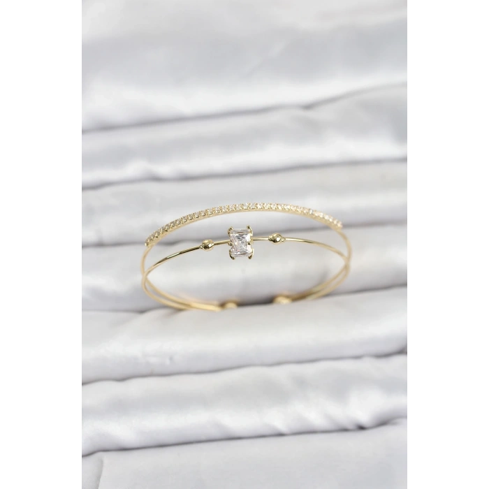 Pirinç Gold Renk Zirkon Taşlı Baget Model Kadın Bileklik