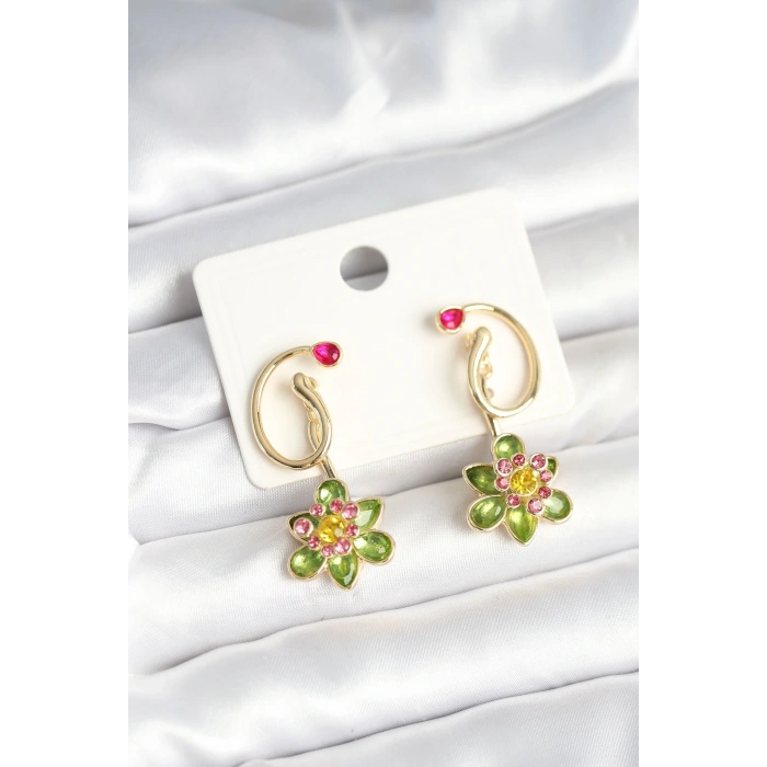 Pirinç Gold Renk Zirkon Taşlı Çiçek Model Kadın Küpe