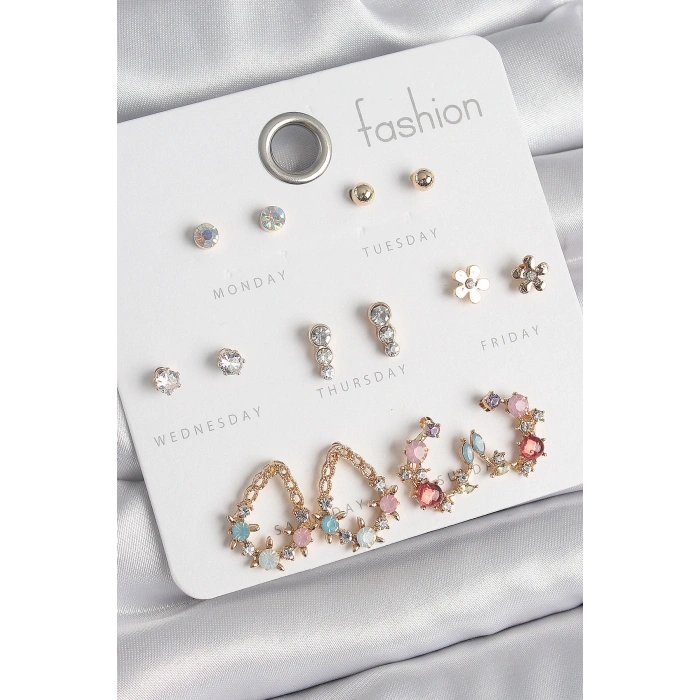 Pirinç Gold Renk Zirkon Taşlı Damla Model Yıldız Detaylı 7 Çift Kadın Küpe Seti