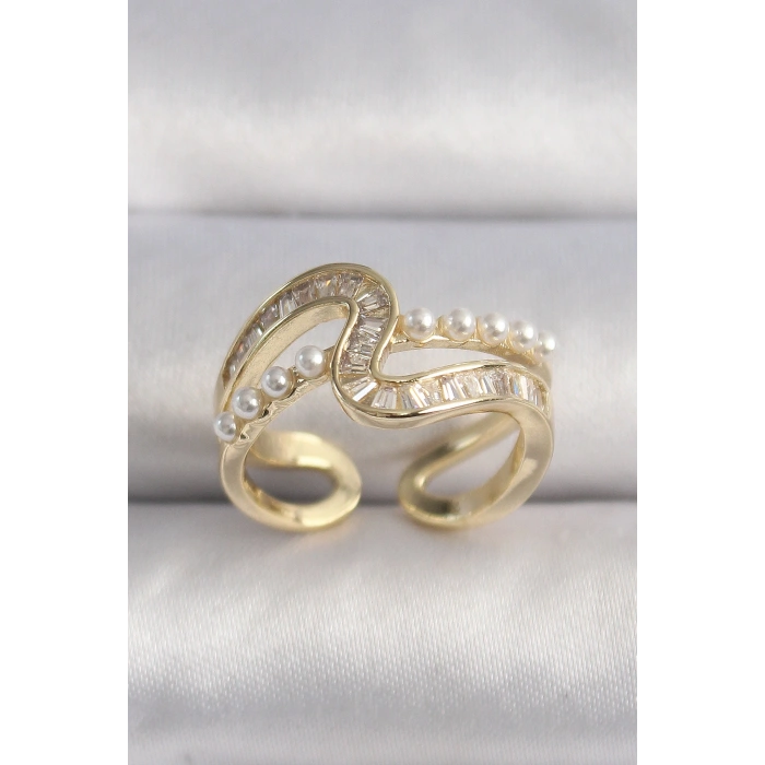 Pirinç Gold Renk Zirkon Taşlı İnci Detay VIP Seri Kadın Yüzük