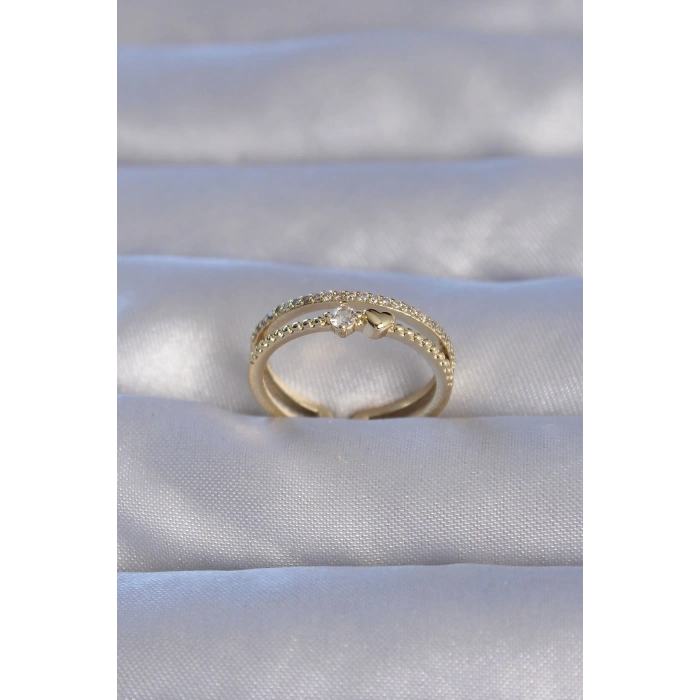 Pirinç Gold Renk Zirkon Taşlı Kalpli Su Yolu Model Ayarlanabilir Yüzük