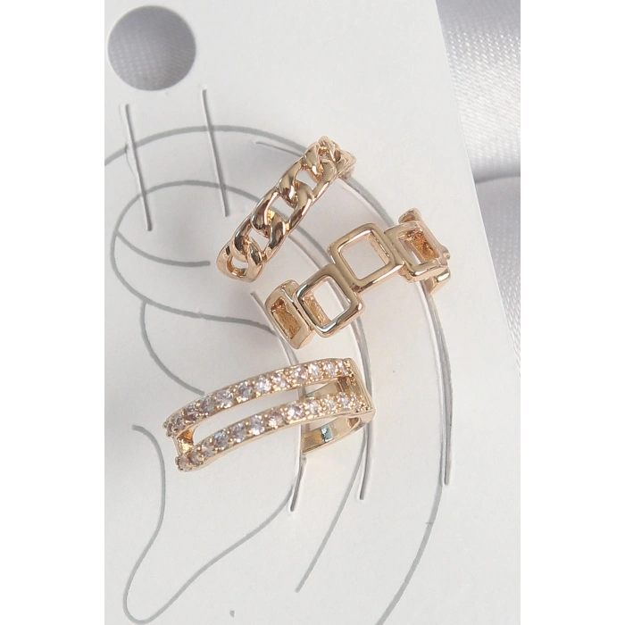 Pirinç Gold Renk Zirkon Taşlı Kare Zincir Model Kadın Kıkırdak Küpe