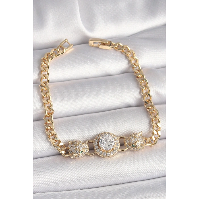 Pirinç Gold Renk Zirkon Taşlı Leopar Figür Zincir Model Kadın Bileklik