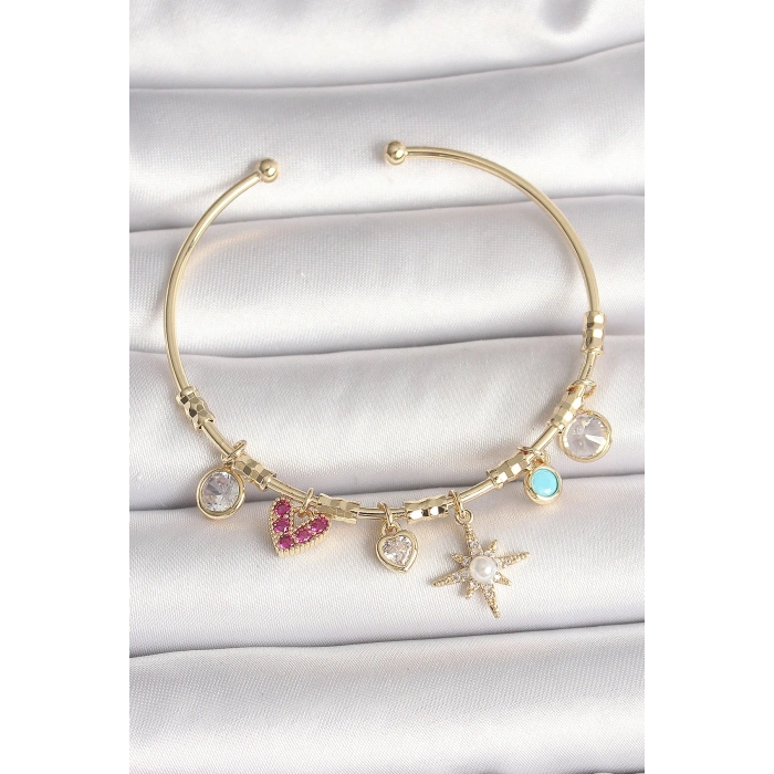 Pirinç Gold Renk Zirkon Taşlı Sallantı Kutup Yıldız Figür İnci Detay Charm Kadın Bileklik