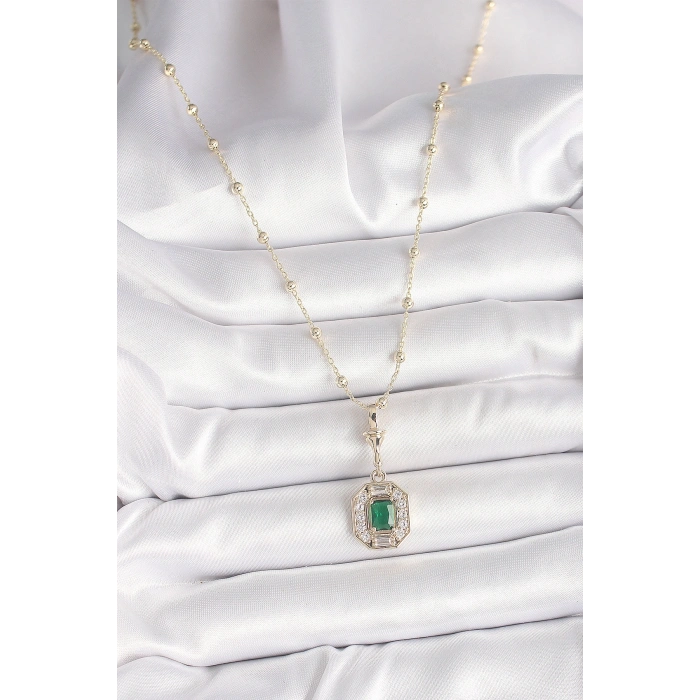 Pirinç Gold Renk Zirkon Taşlı Topçuk Zincir Serenay Model Kadın Kolye