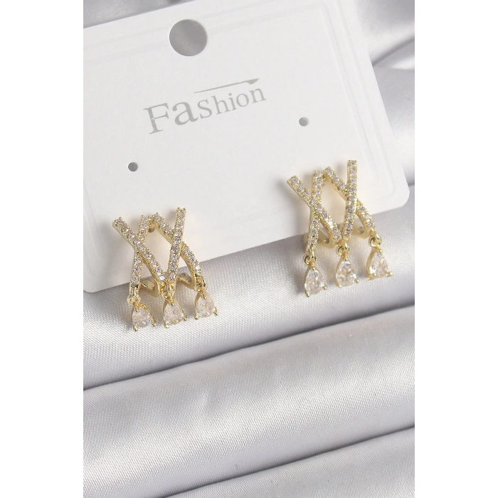 Pirinç Gold Renk Zirkon Taşlı X Model Sallantı Detay Kadın Küpe