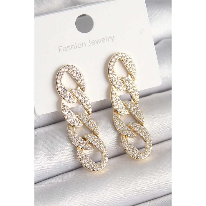 Pirinç Gold Renk Zirkon Taşlı Zincir Model Kadın Küpe