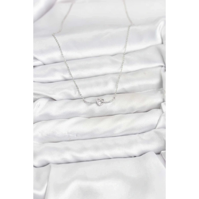 Pirinç Gümüş Renk Düğüm Kalp Model Kadın Kolye