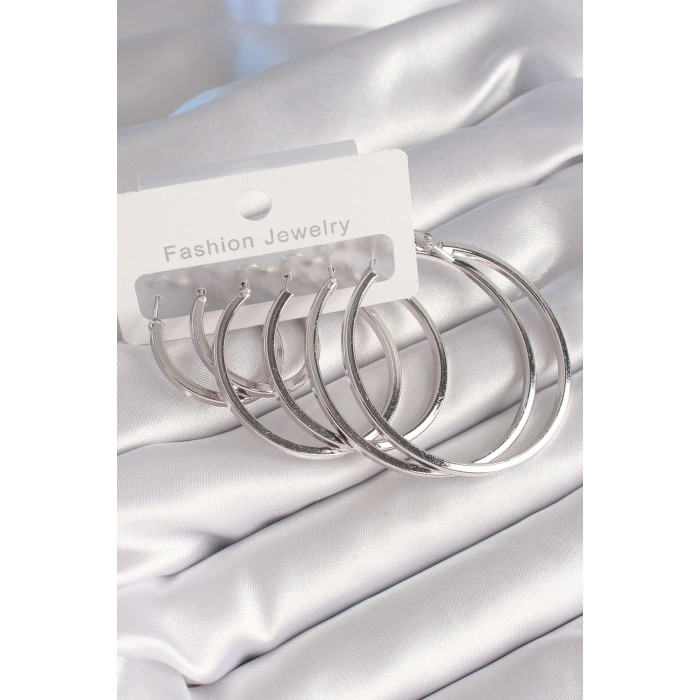 Pirinç Gümüş Renk Halka Model Kadın Küpe Seti