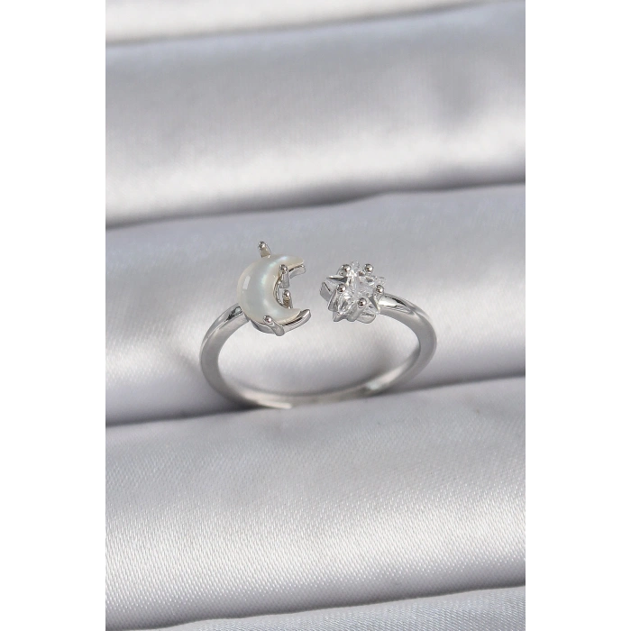 Pirinç Gümüş Renk İncili Hilal Zirkon Taşlı Yıldız Ayarlanabilir Kadın Yüzük