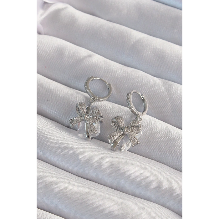 Pirinç Gümüş Renk İri Zirkon Taşlı Fiyonk Model Halka Küpe