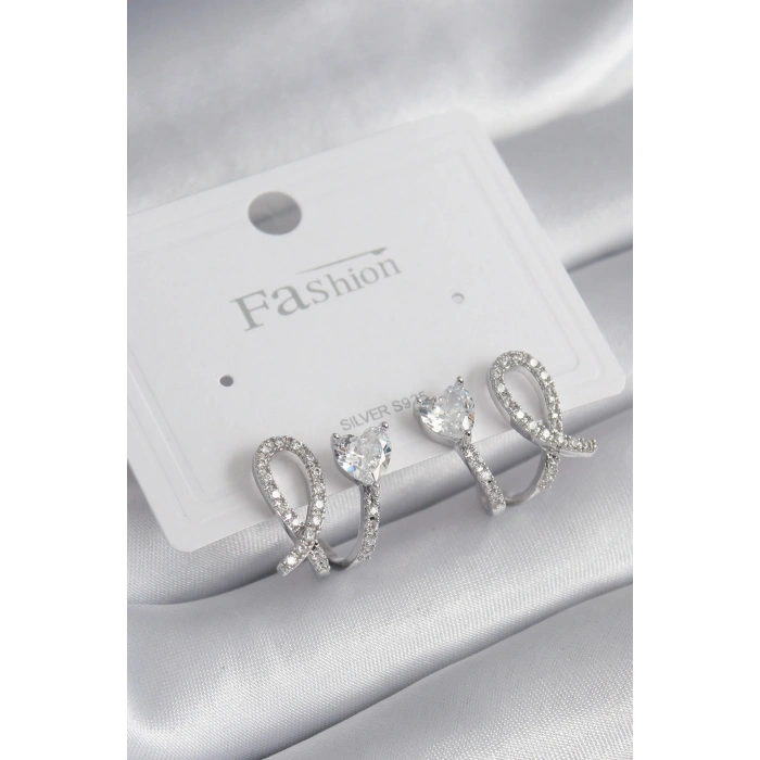 Pirinç Gümüş Renk Kalp Model Zirkon Taşlı Kadın Küpe