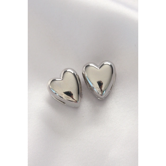 Pirinç Gümüş Renk Minimal Bombeli Kalp Küpe