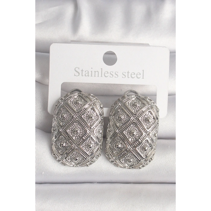 Pirinç Gümüş Renk Motif İşlemeli Kadın Küpe