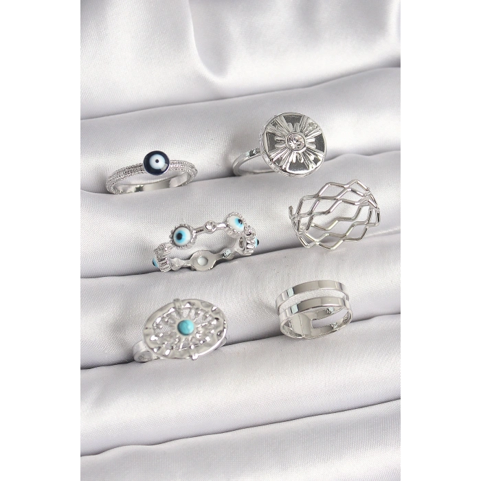 Pirinç Gümüş Renk Nazar Boncuk Zirkon Taş Detaylı Dalga Figür Kadın Yüzük Kombini