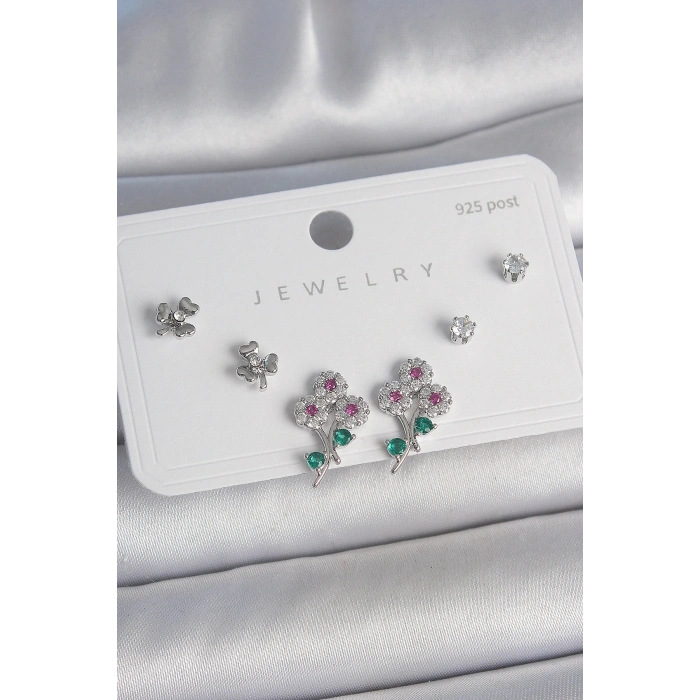 Pirinç Gümüş Renk Renkli Zirkon Taşlı Çiçek Model Yaprak Detay 925 Ayar Gümüş Çivi Kadın Küpe Seti