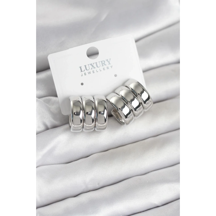 Pirinç Gümüş Renk Üçlü Görünüm Kadın Küpe