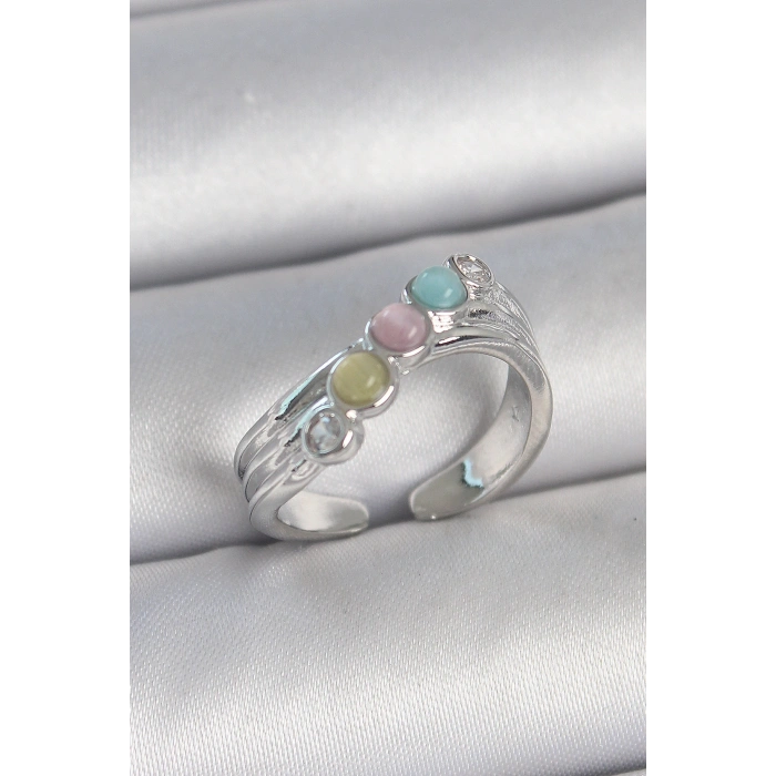 Pirinç Gümüş Renk Zirkon Taş Detaylı Renkli Mineli Ayarlanabilir Kadın Yüzük