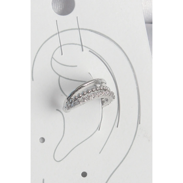 Pirinç Gümüş Renk Zirkon Taşlı 3Lü Sıralı Kadın Kıkırdak Küpe