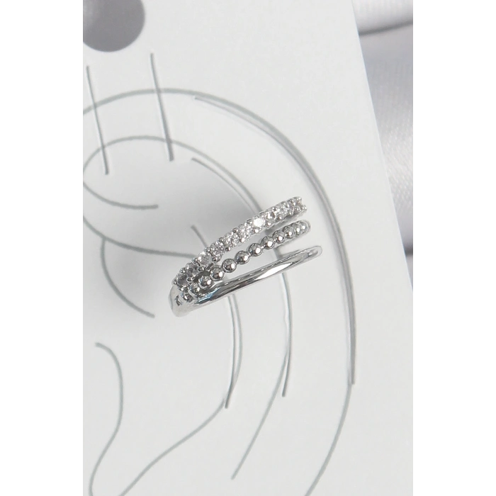 Pirinç Gümüş Renk Zirkon Taşlı 3Lü Sıralı Model Kadın Kıkırdak Küpe