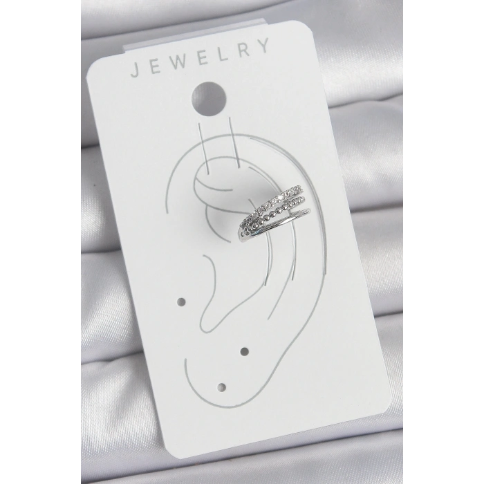 Pirinç Gümüş Renk Zirkon Taşlı 3Lü Sıralı Model Kadın Kıkırdak Küpe