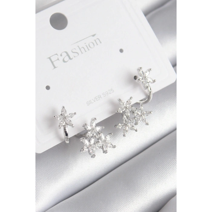 Pirinç Gümüş Renk Zirkon Taşlı Çiçek Tasarım Kadın Küpe