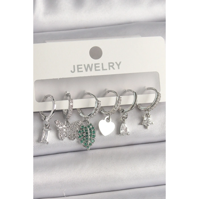 Pirinç Gümüş Renk Zirkon Taşlı Çoklu Figür Kadın Küpe Seti