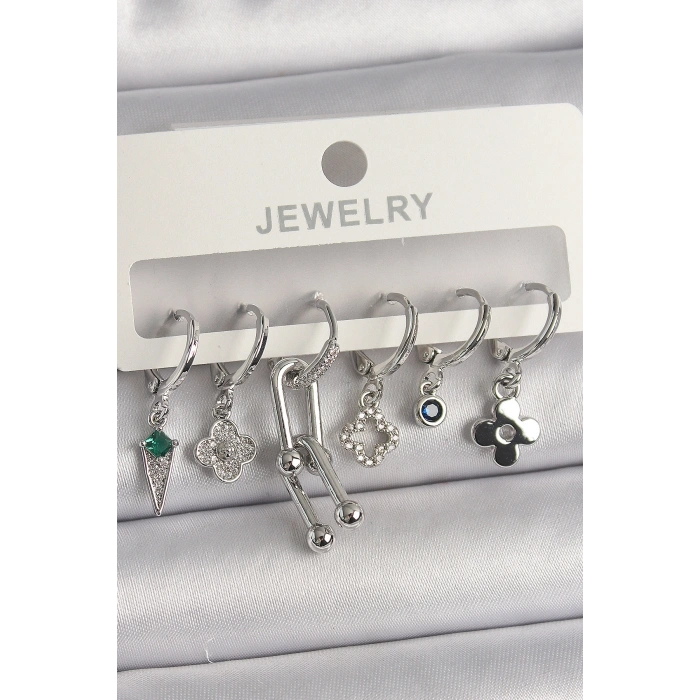 Pirinç Gümüş Renk Zirkon Taşlı Çoklu Figür Kadın Küpe Seti