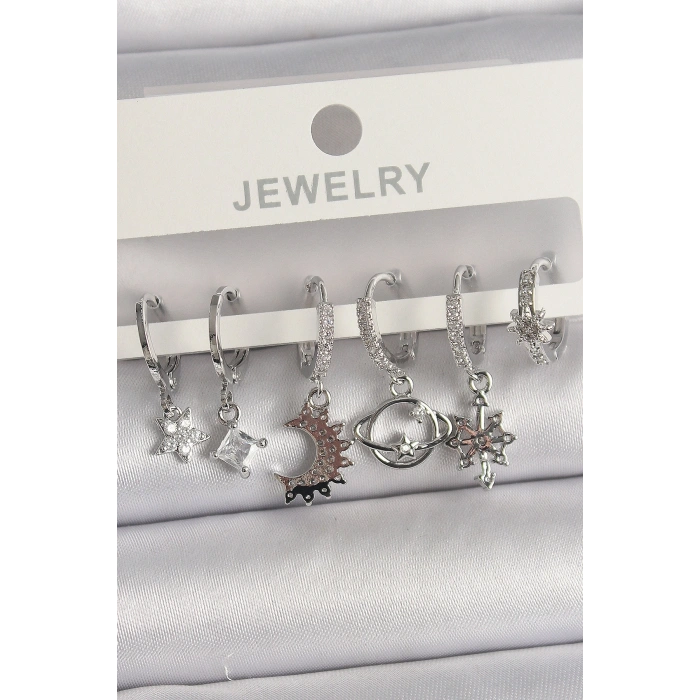 Pirinç Gümüş Renk Zirkon Taşlı Gezgen Model Kadın Küpe Seti