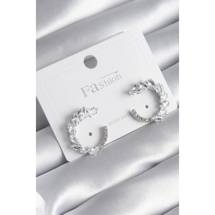 Pirinç Gümüş Renk Zirkon Taşlı Kadın Küpe