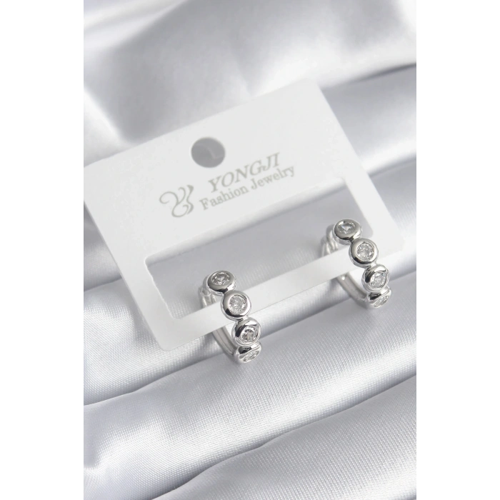 Pirinç Gümüş Renk Zirkon Taşlı Kadın Küpe