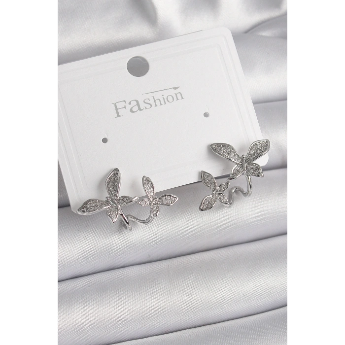 Pirinç Gümüş Renk Zirkon Taşlı Kelebek Model Kadın Küpe