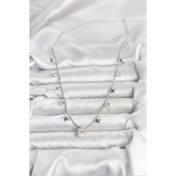 Pirinç Gümüş Renk Zirkon Taşlı Kutup Yıldızı Model Kadın Kolye