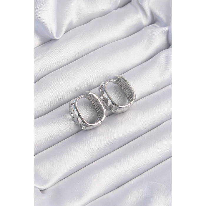 Pirinç Gümüş Renk Zirkon Taşlı Minimal Halka Küpe