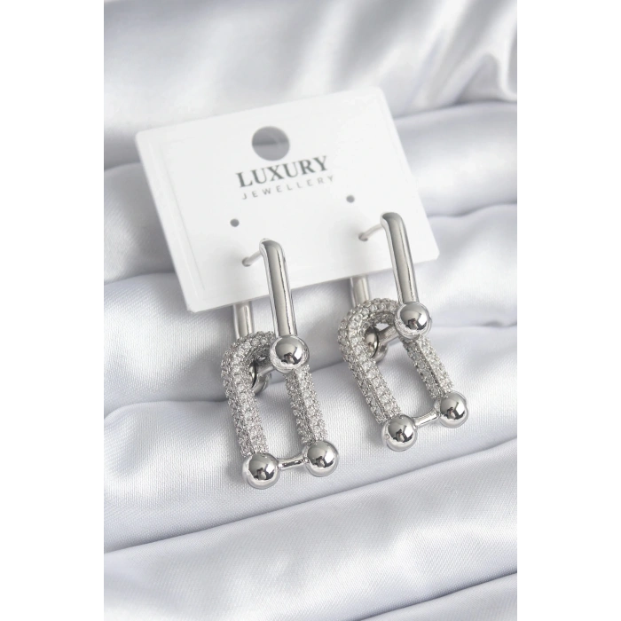 Pirinç Gümüş Renk Zirkon Taşlı Model VIP Seri Kadın Küpe