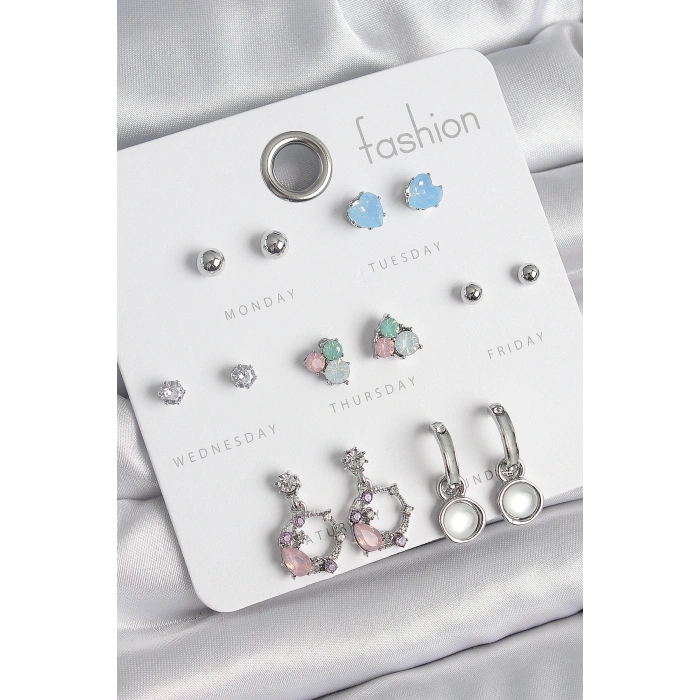 Pirinç Gümüş Renk Zirkon Taşlı Sallantı Halka Model Çiçek Detay 7 Çift Kadın Küpe Seti