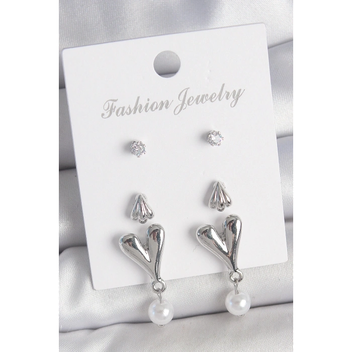 Pirinç Gümüş Renk Zirkon Taşlı Sallantılı Kalp Model 3 Çift Kadın Küpe Seti