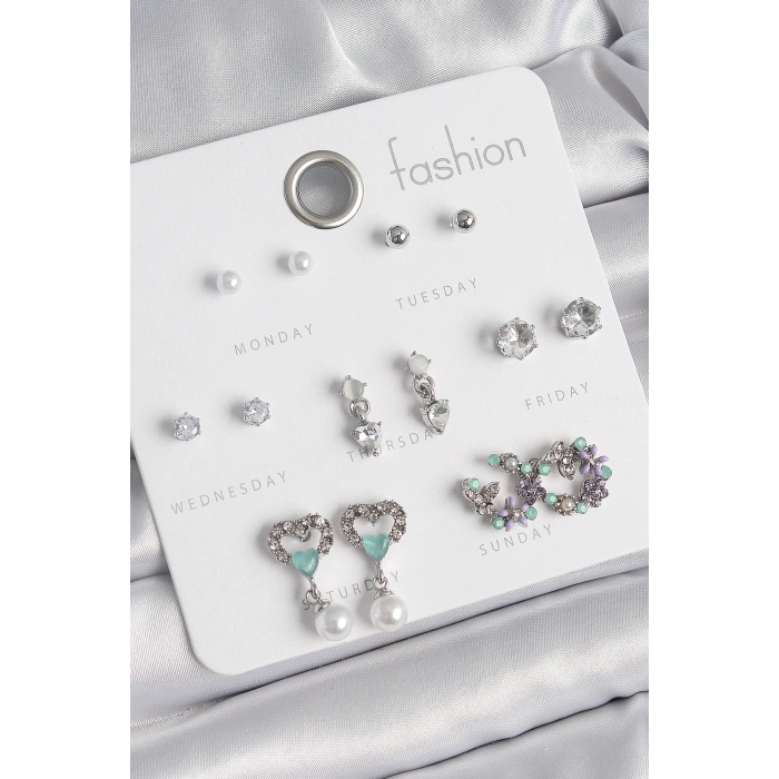 Pirinç Gümüş Renk Zirkon Taşlı Sallantılı Kalp Model Çiçek Detay 7 Çift Kadın Küpe Seti