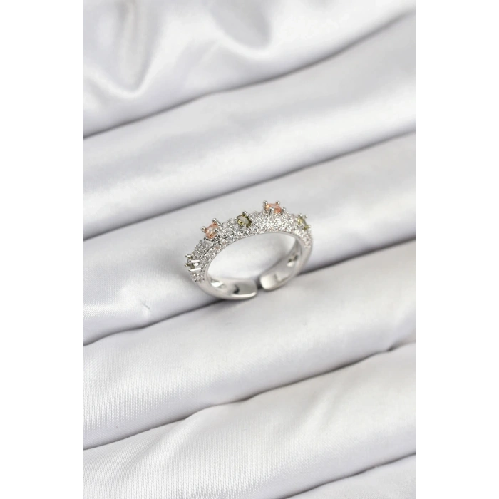 Pirinç Gümüş Renk Zirkon Taşlı Vintage Kadın Yüzük