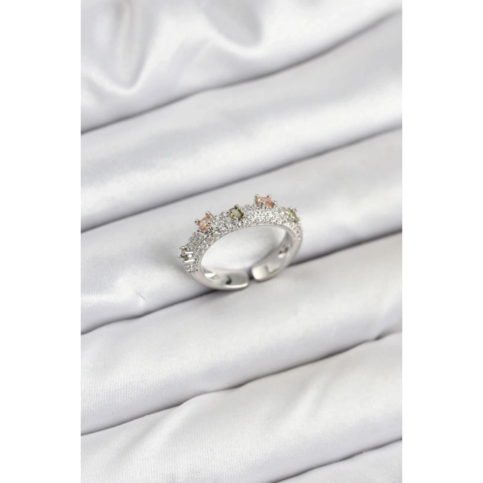 Pirinç Gümüş Renk Zirkon Taşlı Vintage Kadın Yüzük