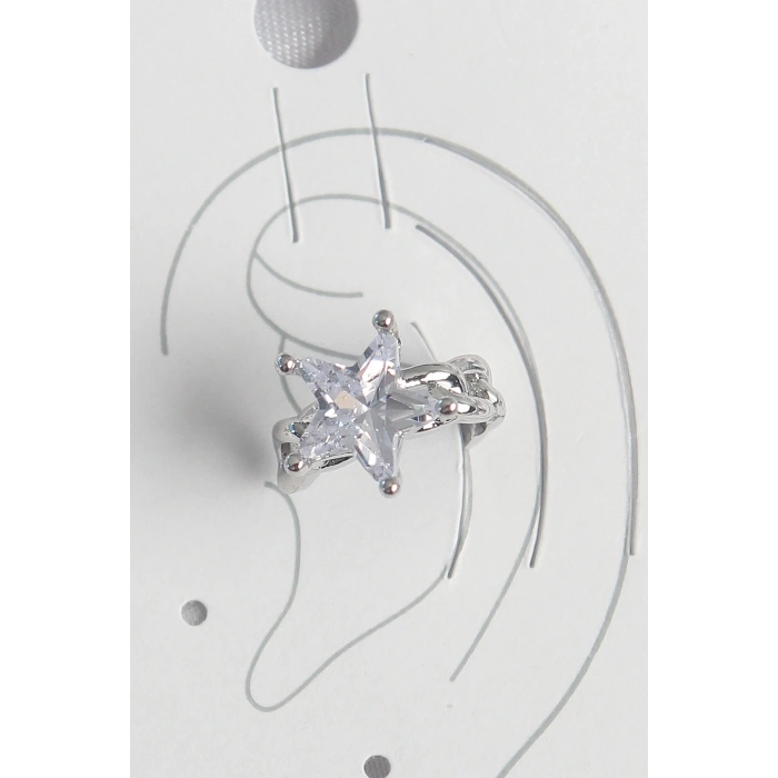 Pirinç Gümüş Renk Zirkon Taşlı Yıldız Model Kadın Kıkırdak Küpe